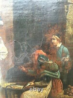 Tableau ancien, Huile sur papier marouflé sur toile, Cadre ancien, XIXe