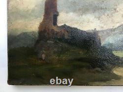 Tableau ancien, Huile sur papier marouflé sur toile, Paysage aux ruines, XIXe