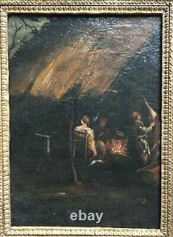 Tableau ancien, Huile sur toile, Dépeçage du cochon, Encadré, Ecole du XVIIe