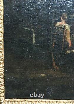 Tableau ancien, Huile sur toile, Dépeçage du cochon, Encadré, Ecole du XVIIe