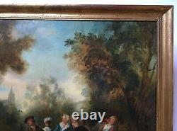 Tableau ancien, Huile sur toile, Grand format, Scène de moisson festive, XIXe