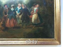 Tableau ancien, Huile sur toile, Grand format, Scène de moisson festive, XIXe