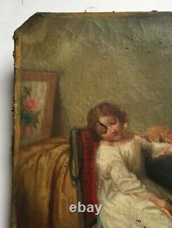 Tableau ancien, Huile sur toile, Jeune fille assoupie, Le modèle endormi, XIXe