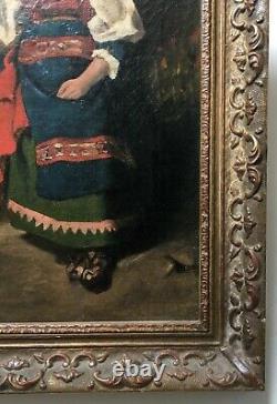 Tableau ancien, Huile sur toile, Jeune fille en costume, Italie, Ciociaria, XIXe