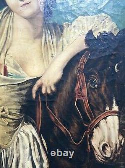 Tableau ancien, Huile sur toile, Laitière et son cheval, XIXe