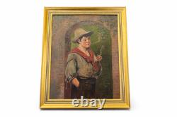 Tableau ancien Huile sur toile Le jeune fumeur Signé Cadre doré XIX