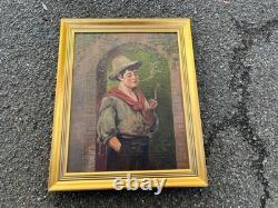 Tableau ancien Huile sur toile Le jeune fumeur Signé Cadre doré XIX