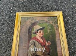 Tableau ancien Huile sur toile Le jeune fumeur Signé Cadre doré XIX