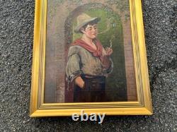 Tableau ancien Huile sur toile Le jeune fumeur Signé Cadre doré XIX