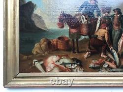 Tableau ancien, Huile sur toile, Marchands de poisson, XIXe ou avant