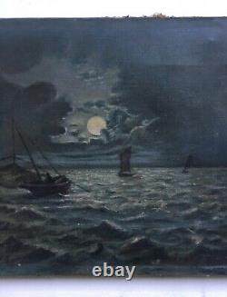 Tableau ancien, Huile sur toile, Marine nocturne, Fin XIXe