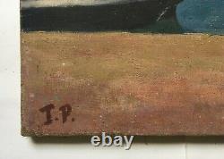 Tableau ancien, Huile sur toile, Monogrammée, Vue de port, Bateaux, Début XXe