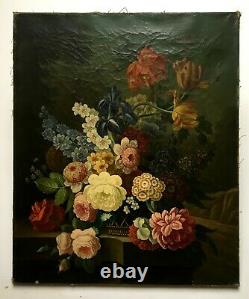 Tableau ancien, Huile sur toile, Nature morte au bouquet de fleurs, XIXe