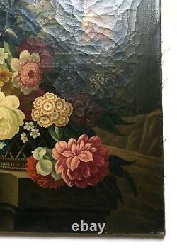 Tableau ancien, Huile sur toile, Nature morte au bouquet de fleurs, XIXe