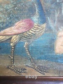Tableau ancien, Huile sur toile, Oiseau et fleurs, 82 cm, XIXe