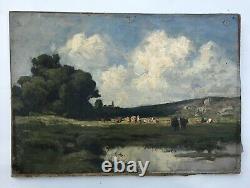 Tableau ancien, Huile sur toile, Paysage, Campagne, Vaches au pré, XIXe