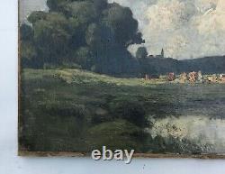 Tableau ancien, Huile sur toile, Paysage, Campagne, Vaches au pré, XIXe