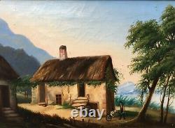 Tableau ancien, Huile sur toile, Paysage animé, Chaumière, Encadré, XIXe