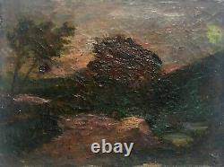Tableau ancien, Huile sur toile, Paysage au crépuscule, XIXe