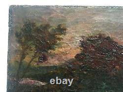 Tableau ancien, Huile sur toile, Paysage au crépuscule, XIXe