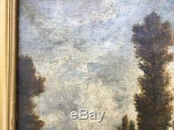 Tableau ancien Huile sur toile, Paysage de clairière, Maisons à colombages, XIXe
