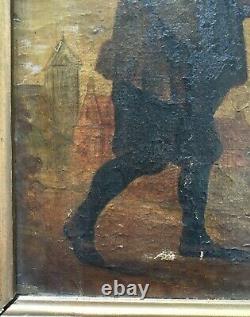 Tableau ancien, Huile sur toile, Personnage médiéval, Ecole du Nord, XIXe