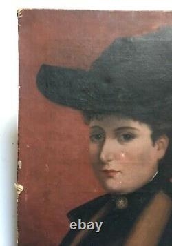 Tableau ancien, Huile sur toile, Portrait de femme au chapeau, Fin XIXe