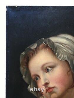 Tableau ancien, Huile sur toile, Portrait de jeune fille pensive, XIXe