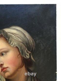 Tableau ancien, Huile sur toile, Portrait de jeune fille pensive, XIXe