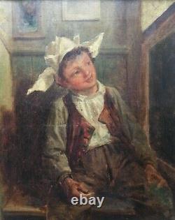 Tableau ancien, Huile sur toile, Portrait de jeune garçon en costume, XIXe