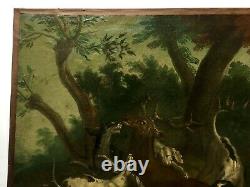 Tableau ancien, Huile sur toile, Scène de chasse, Cerf, Chiens, XIXe ou avant