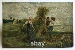 Tableau ancien, Huile sur toile, Scène de moisson, Travaux des champs, XIXe