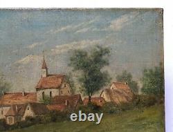 Tableau ancien, Huile sur toile, Village en bord de rivière, Peinture, Fin XXe