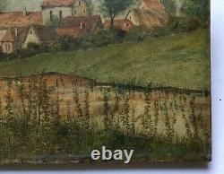 Tableau ancien, Huile sur toile, Village en bord de rivière, Peinture, Fin XXe