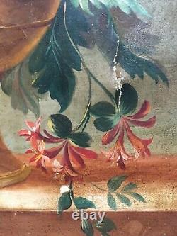Tableau ancien, Huile sur toile à restaurer, Nature morte, Fleurs, Bouquet, XIXe
