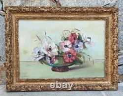 Tableau ancien, Huile sur toile encadre, Nature morte, Bouquet, Vase, Signe