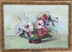 Tableau ancien, Huile sur toile encadre, Nature morte, Bouquet, Vase, Signe