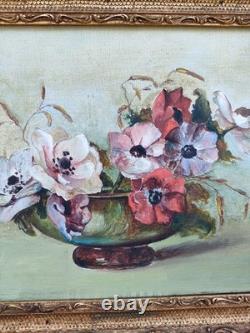 Tableau ancien, Huile sur toile encadre, Nature morte, Bouquet, Vase, Signe