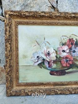 Tableau ancien, Huile sur toile encadre, Nature morte, Bouquet, Vase, Signe