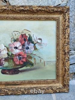 Tableau ancien, Huile sur toile encadre, Nature morte, Bouquet, Vase, Signe