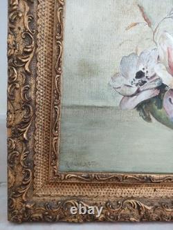 Tableau ancien, Huile sur toile encadre, Nature morte, Bouquet, Vase, Signe