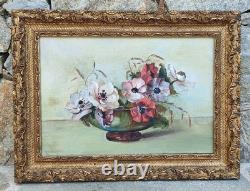 Tableau ancien, Huile sur toile encadre, Nature morte, Bouquet, Vase, Signe