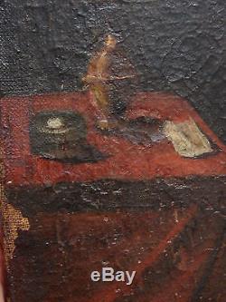 Tableau ancien Huile sur toile femme à genoux Fin XVIII ème Début XIX ème A VOIR