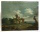 Tableau ancien, Huile sur toile marouflée, Paysage aux ruines animé, XIXe