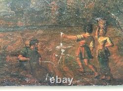 Tableau ancien, Huile sur toile marouflée sur panneau, Paysage animé, XVIIe