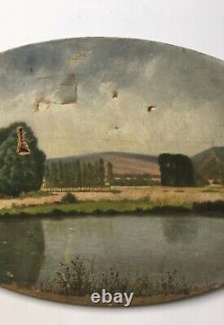 Tableau ancien, Huile sur toile ovale, Paysage lacustre, Berges, Début XXe