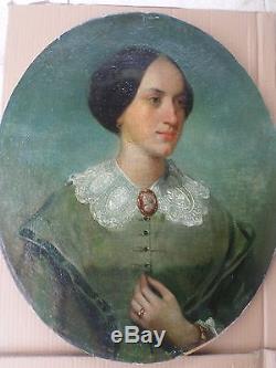 Tableau ancien/Huile/toile ovale-Peinture XIXe-Portrait FEMME au camée-oil