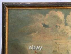 Tableau ancien, Importante huile sur toile encadrée, Port animé, XVIII ou XIXe