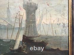 Tableau ancien, Importante huile sur toile encadrée, Port animé, XVIII ou XIXe