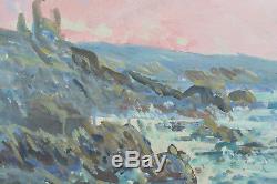 Tableau ancien Impressionniste Bord de mer Côte Rocheuse marine Normandie 19e